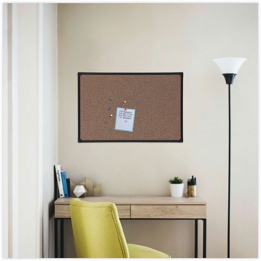 Universal Bulletin Board - 23.62" Board Height x 35.43" Board Width x 0.47" Board Depth - Brown Rubber, Cork Surface - Durable, Sleek Style, Heavy Duty, Sturdy - Black Plastic Frame - 1 Each