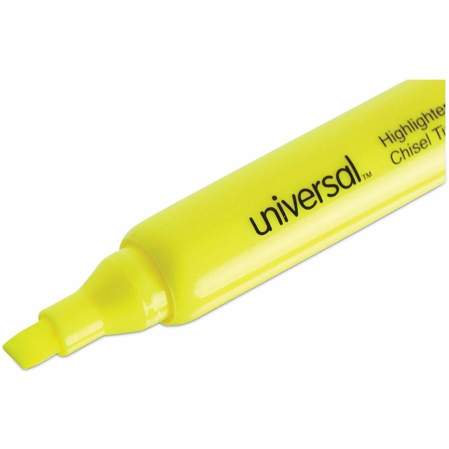 UNV08866 - Universal™ Desk Highlighters are well-designed highlighting pens that feature bright, vibrant colors. The chisel tip allows for both broad and narrow lines. Large cap holds firmly on either end of the highlighter so it doesn't get lost. The bright ink stands out on the page, dries quickly, and will not fade. Enjoy effortless highlighting with a smooth barrel that's easy to hold.