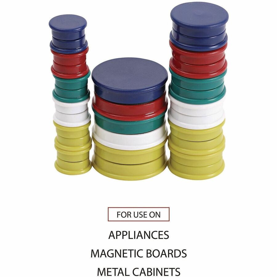 Universal Board Magnet - Circle - Heavy Duty - 30 / Pack - Assorted, Blue, Green, Red, White, Yellow