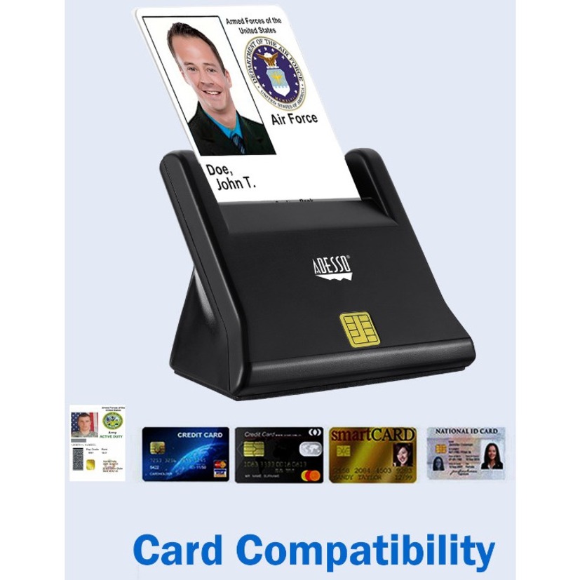 Adesso Desktop Smart Card Reader - Contact - Cable - USB 2.0 - Black - TAA Compliant