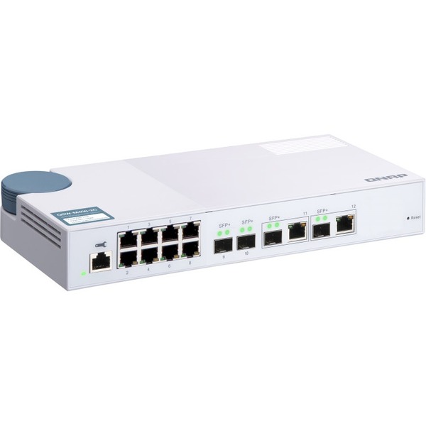 QNAP (QSW-M408-2C) 12-port layer 2 managed switch. Eight 1GbE ports, two 10G SFP+ ports and two 10G SFP+/ NBASE-T combo ports. Easy management with web browser.