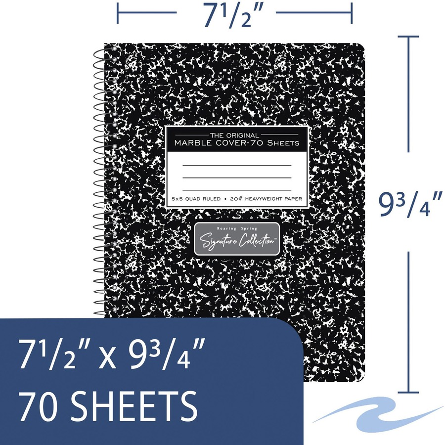 Roaring Spring Wirebound Composition Book - 70 Sheets - 140 Pages - Spiral Bound - Quad Ruled - 5 Horizontal Squares - 5 Vertical Squares - 20 lb Basis Weight - 7 1/2" x 9 3/4" - 0.30" x 7.5" x 9.8" - White Paper - Black Binding - Black Marble Marble Clay