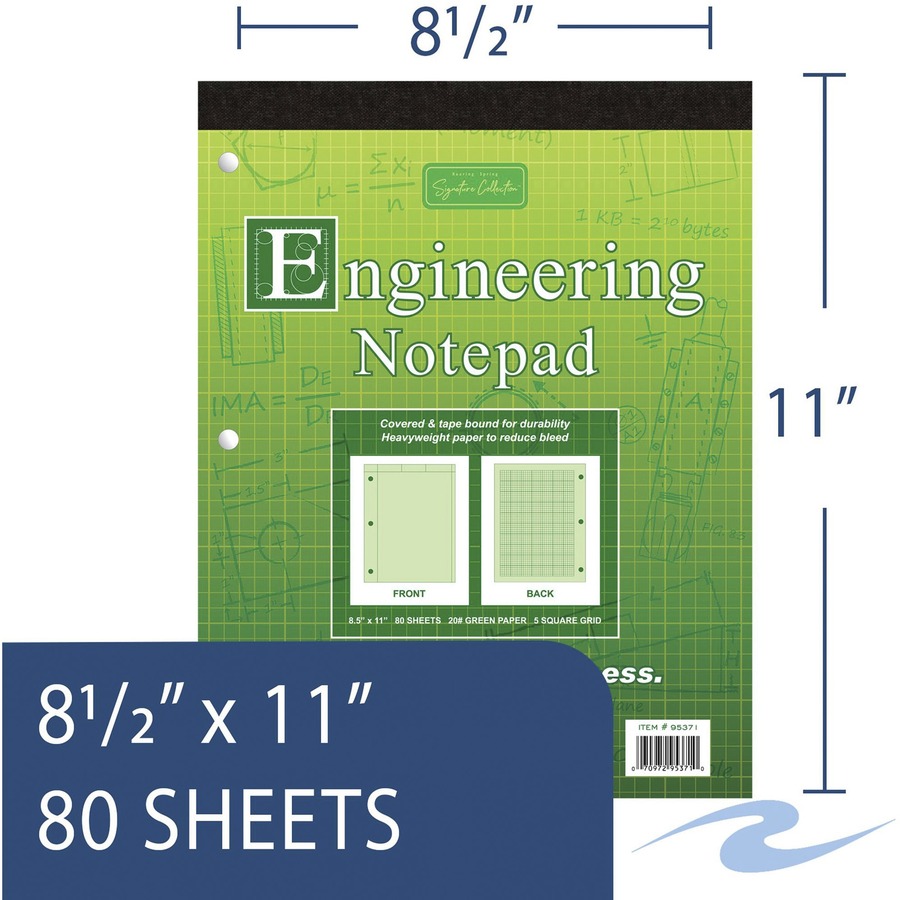 Roaring Spring Covered Engineering Pad - 80 Sheets - 160 Pages - Printed - Glued - Back Ruling Surface - 5 Horizontal Squares - 5 Vertical Squares - 3 Hole(s) - 20 lb Basis Weight - 75 g/m² Grammage - Letter - 8 1/2" x 11" - 1.20" x 8.5" x 11" - Gree