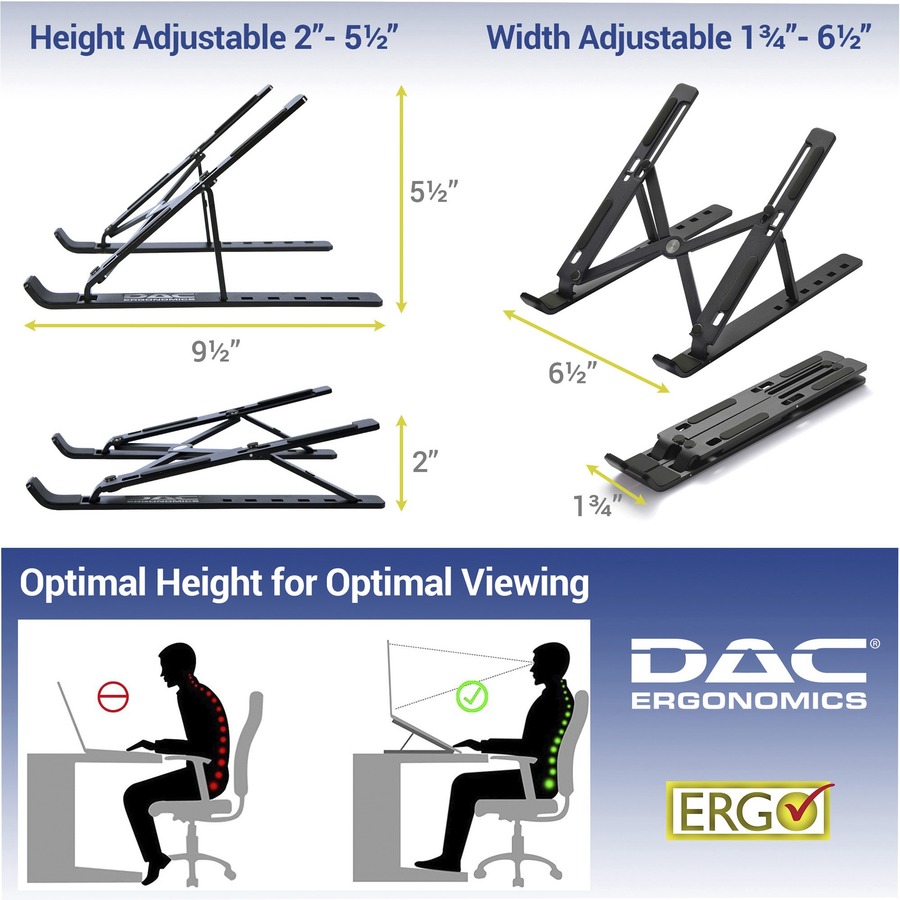 DAC Portable and Adjustable Laptop/Tablet Stand - Notebook, Tablet, Cell Phone Support - Aluminum Alloy - Black