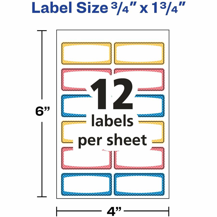Avery Kids Gear Durable Labels - 3/4" Height x 1 3/4" Width - Permanent Adhesive - Rectangle - Laser, Inkjet - Matte - Assorted, Blue, Orange, Yellow - Film - 12 / Sheet - 90 Total Sheets - 1080 Total Label(s) - 18 / Carton - Water Resistant - PVC-free, P