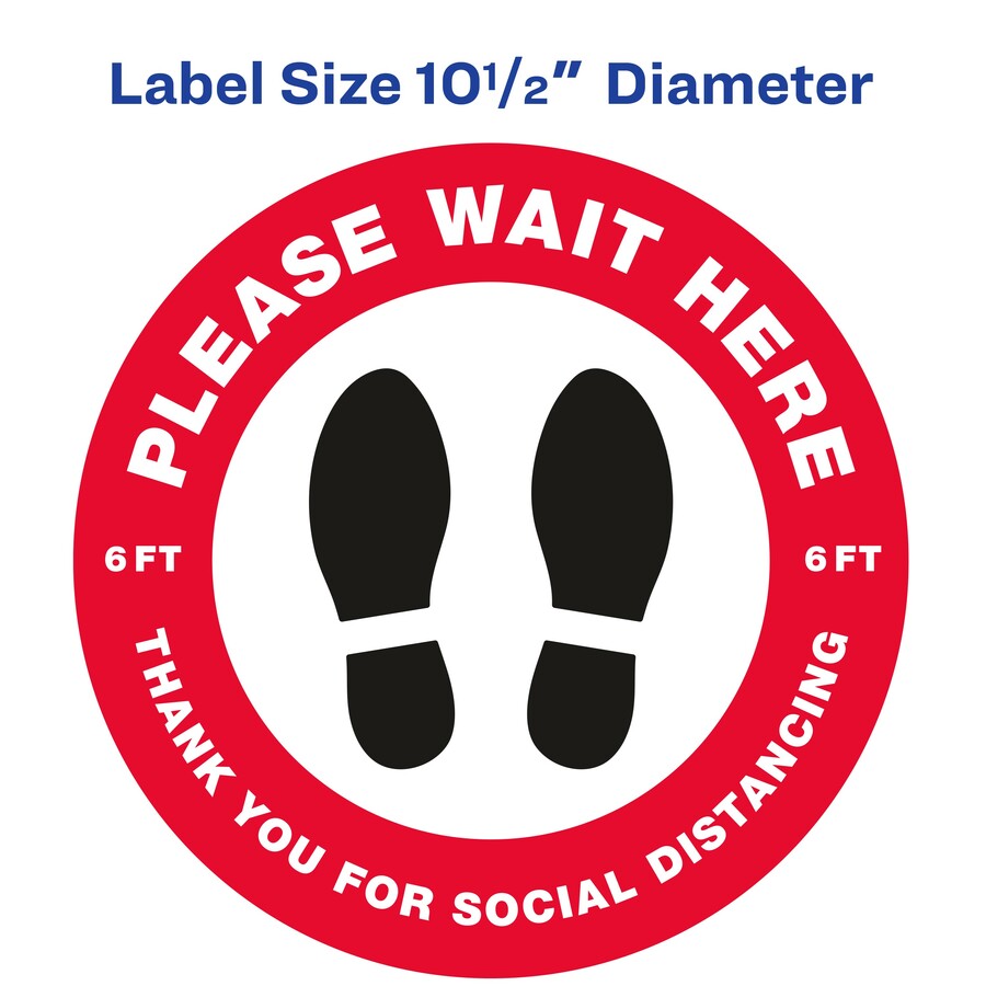 Avery® Social Distance PLEASE WAIT HERE Floor Decal - 5 - PLEASE WAIT HERE Print/Message - Round Shape - Pre-printed, Tear Resistant, Wear Resistant, Non-slip, Water Resistant, UV Coated, Durable, Removable, Scuff Resistant - Vinyl - Red