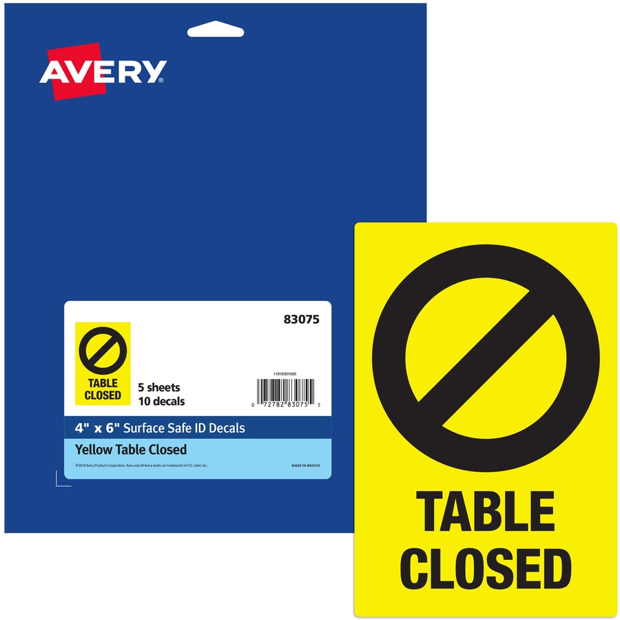 Picture of Avery&reg; Surface Safe TABLE CLOSED Preprinted Decals