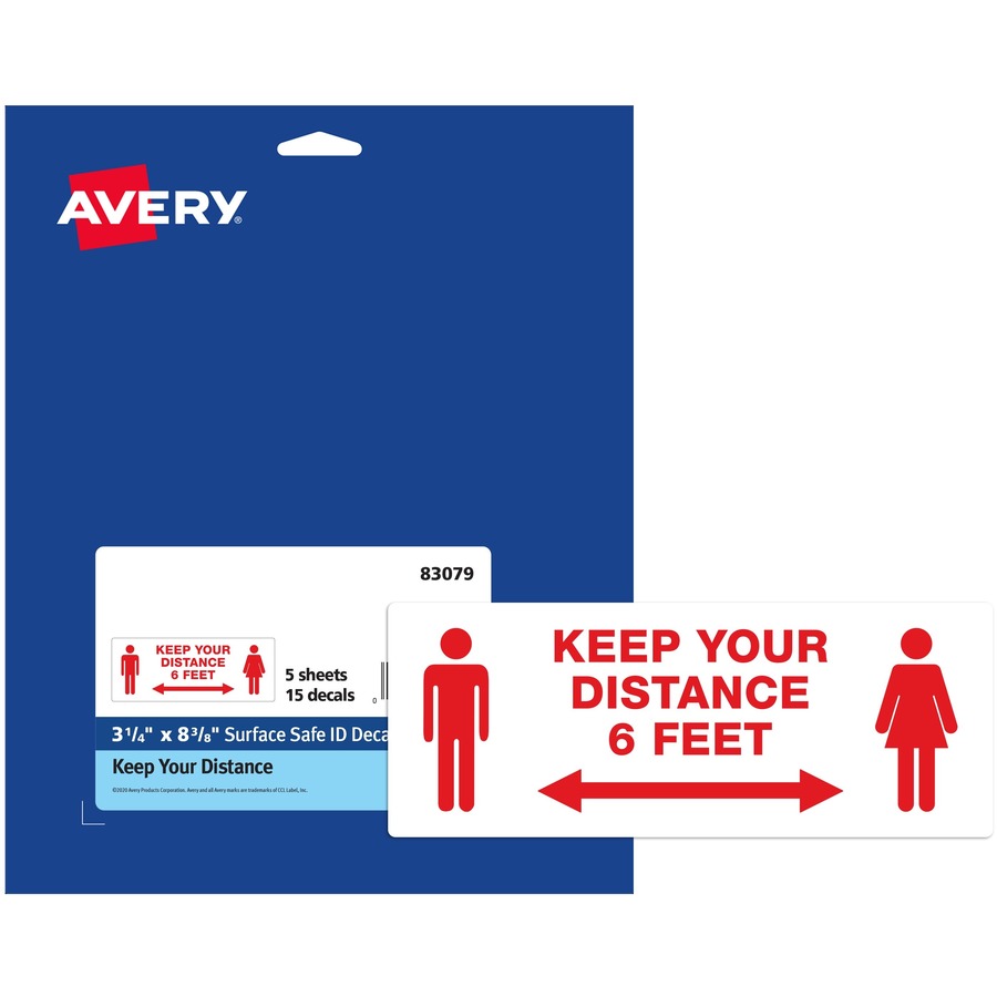 Avery® Surface Safe KEEP YOUR DISTANCE Decals - 15 / Pack - Keep Your Distance Print/Message - Rectangular Shape - Water Resistant, Pre-printed, Chemical Resistant, Abrasion Resistant, Tear Resistant, Durable, UV Resistant, Residue-free, Easy Peel, An