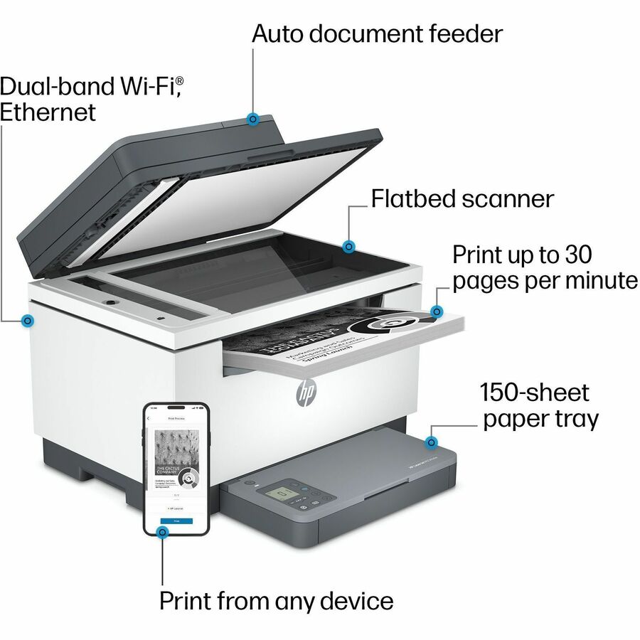 HP LaserJet M234sdw Laser Multifunction Printer-Monochrome-Copier/Scanner-30 ppm Mono Print-600x600 dpi Print-Automatic Duplex Print-20000 Pages-150 sheets Input-Color Flatbed Scanner-600 dpi Optical Scan-Wireless LAN-Apple AirPrint-HP Smart App