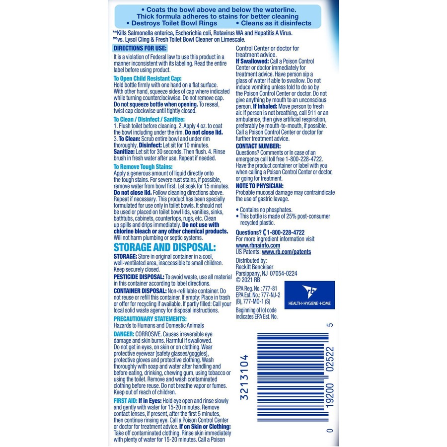Lysol Toilet Bowl Cleaner - 24 oz (1.50 lb) - Atlantic Fresh ScentBottle - 2 / Pack - Disinfectant - Blue