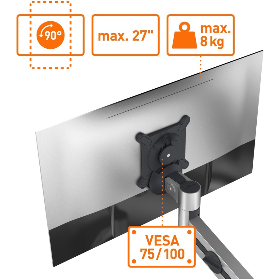 DURABLE Mounting Arm for Monitor - Silver - Height Adjustable - 1 Display(s) Supported - 38" Screen Support - 17.64 lb Load Capacity - 75 x 75, 100 x 100 - Aluminum, Plastic - 1 Each