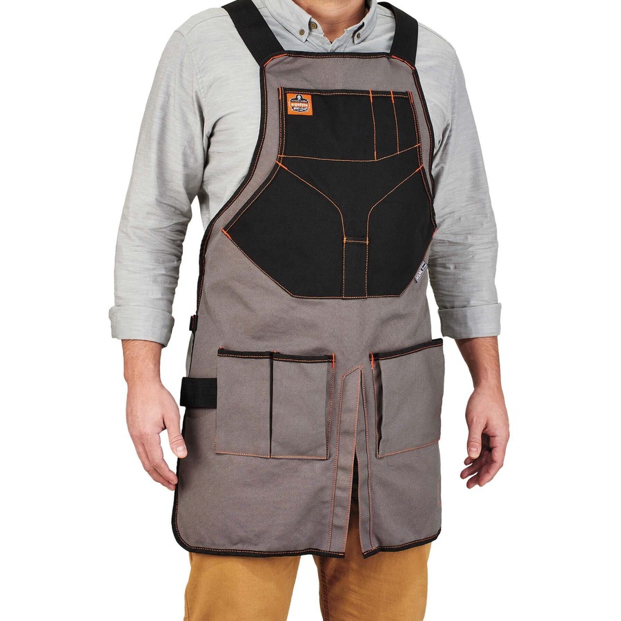 Ergodyne Arsenal 5705 Extended Canvas Tool Apron - 13 x Waist/Chest Pocket - Canvas - For Hammer, Hardware, Carpentry, Automotive, Nail, Screwdriver, Key, ID Badge, Lanyard, ... - Gray - 1 Each