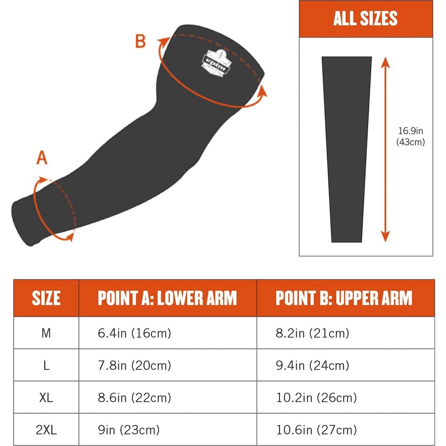 Ergodyne 6690 Cooling Arm Sleeves - 16.90" Length - Black - Fabric - Durable, Comfortable, UV Protection, Abrasion Resistant, Moisture Wicking, Anti-odor, Machine Washable, Chemical-free, Stretchable