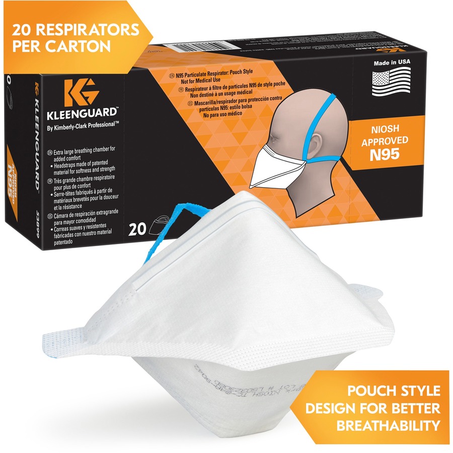 Kleenguard N95 Pouch Respirator - Recommended for: Face - Comfortable, Breathable, Adjustable Nose-piece, Lightweight, Foldable, Head Strap, Particle Filtration Efficiency (PFE) - Regular Size - Airborne Particle Protection - White - 20 / Pack = KLG53899
