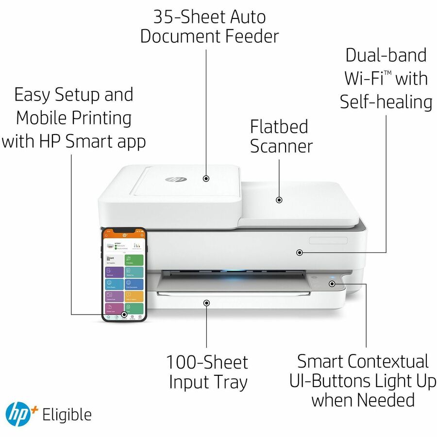 HP Envy 6455e Wireless Inkjet Multifunction Printer - Color - White - Copier/Mobile Fax/Printer/Scanner - 1200 x 1200 dpi Print - Automatic Duplex Print - Up to 1000 Pages Monthly - 100 sheets Input - Color Flatbed Scanner - 1200 dpi Optical Scan - Color 