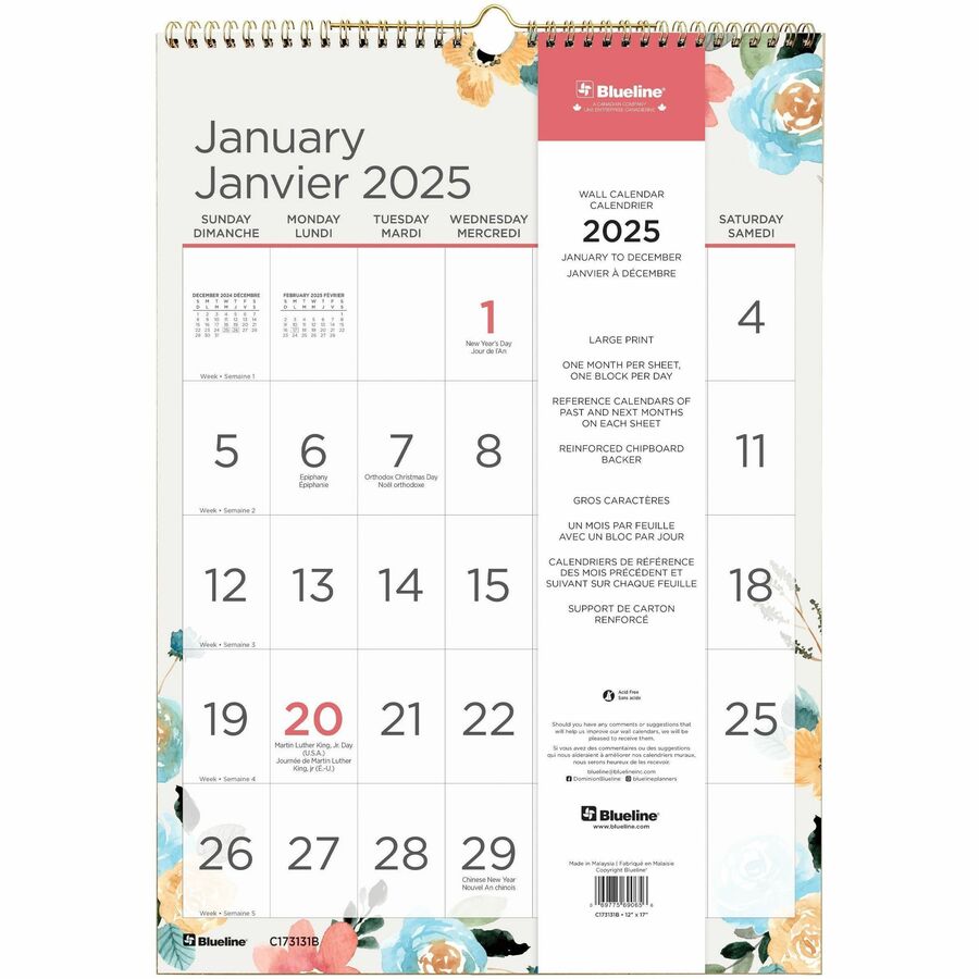 Blueline® Spring Monthly Wall Calendar - Personal/Home Office - Monthly - 12 Month - January 2024 till December 2024 - Calendars - BLIC173131B