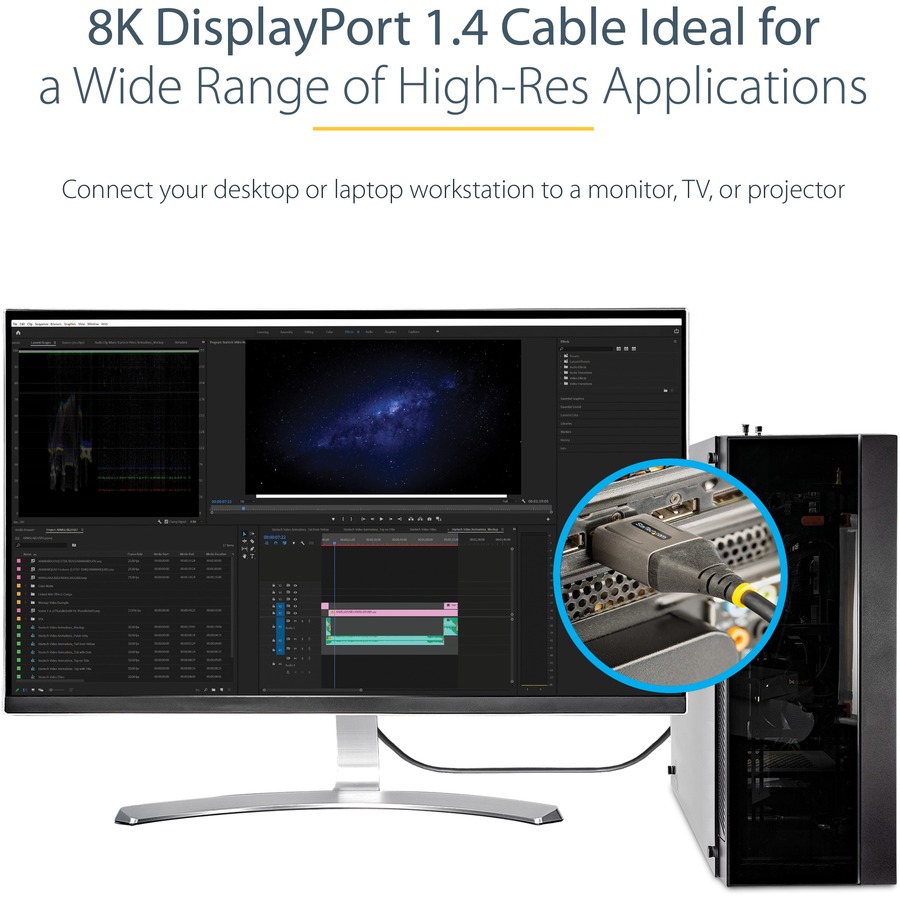 StarTech.com 6ft (2m) VESA Certified DisplayPort 1.4 Cable, 8K 60Hz HDR10, UHD 4K 120Hz Video, DP to DP Monitor Cord, DP 1.4 Cable, M/M - 6.6ft/2m VESA Certified DisplayPort 1.4 cable; 8K 60Hz/4K 120Hz video/32.4Gbps/HDR10/32Ch Audio - Monitor cord with 3 = STCDP14VMM2M