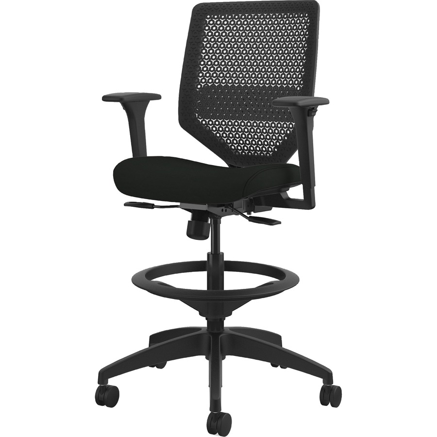 HON Solve Sitting Stool - Black Vinyl Seat - Charcoal Mesh Back - Black Frame - Mid Back - 5-star Base - Black