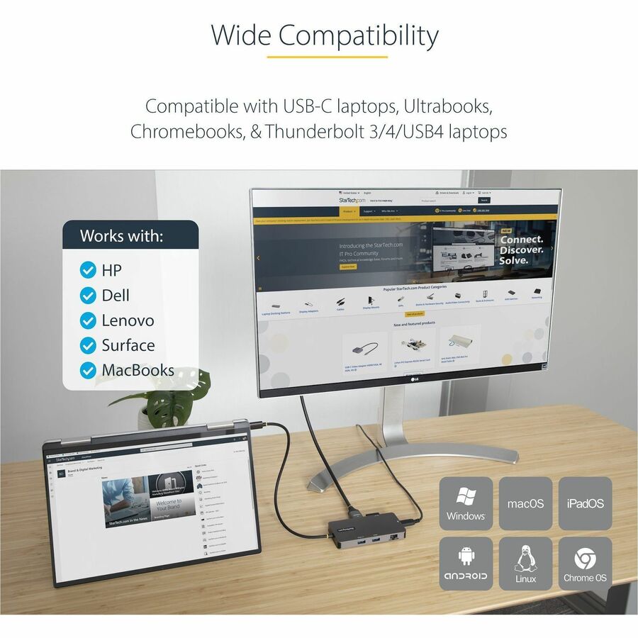 StarTech USB C Multiport Adapter, Dual HDMI, 4K 60Hz, 2x 5Gbps USB-A Hub, 100W Power Delivery, GbE, SD/MicroSD, USB C Mini Dock