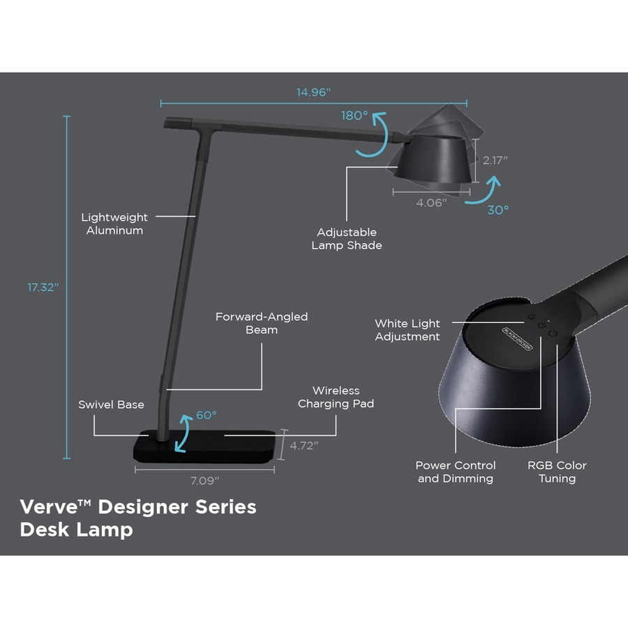 Bostitch Verve Adjustable LED Desk Lamp - LED Bulb - Adjustable, Dimmable, Adjustable Brightness, Clock, Durable, Wireless Charging, Swivel Base, Color Changing Mode - Aluminum - Desk Mountable - Black - for Desk - Alexa Supported