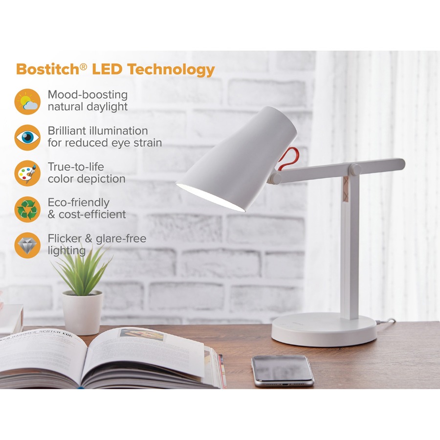 Bostitch Wireless Charging LED Desk Lamp, White - LED Bulb - Wireless Charging, Qi Wireless Charging, Touch Sensitive Control Panel, Color Temperature Setting, Dimmable, Automatic Off Timer, Flicker-free, Glare-free Light - Desk Mountable, Table Top - Whi