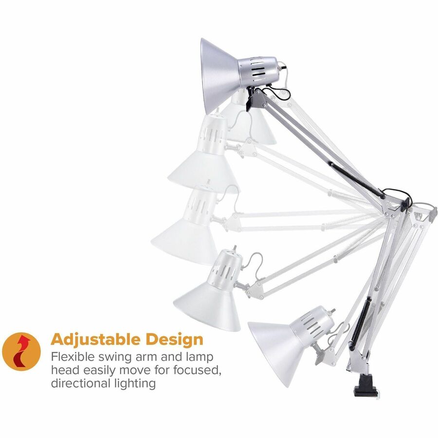 Bostitch Swing Arm Desk Lamp with Clamp, Silver - 36" Height - 9 W LED Bulb - Adjustable Arm, Durable, Flicker-free, Glare-free Light, Flexible Arm - 700 lm Lumens - Metal - Desk Mountable, Surface Mount - Silver - for Office, Classroom, Dorm, Home, Readi