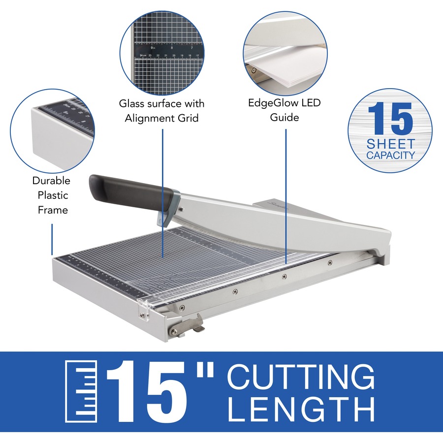 Swingline ClassicCut Guillotine Glass Trimmer - 15 Sheet Cutting Capacity - 15" Cutting Length - Safety Latch - Tempered Glass - Gray - 1 Each