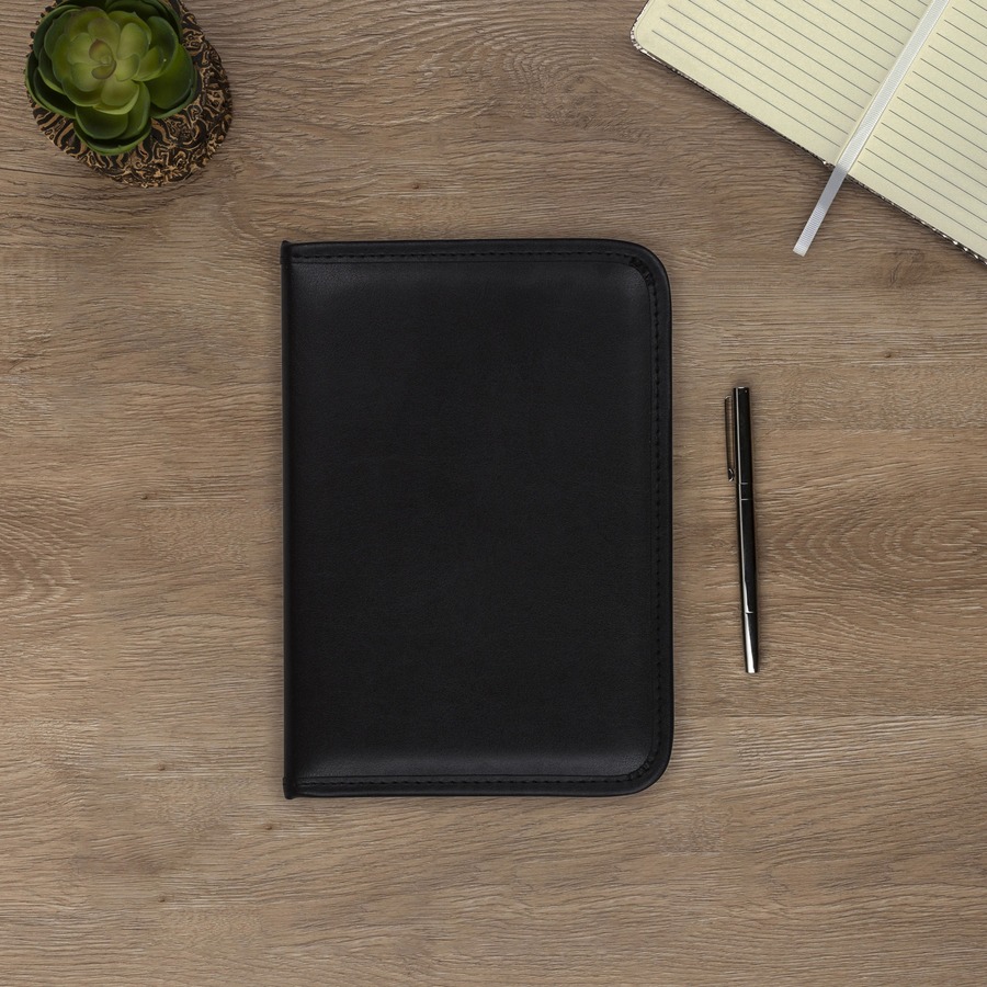 Samsill Pad Folio - 4 Internal Pocket(s) - Synthetic Leather, Polyvinyl Chloride (PVC) - Black - Padded, Stitched, Pen Loop, Notepad, Document Pocket, Business Card Holder, Refillable - 0% Recycled - 1 Each