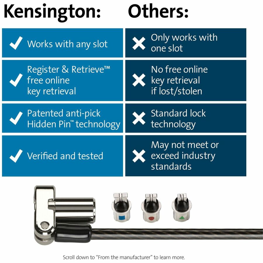 Kensington Universal 3-in-1 Keyed Laptop Lock - Keyed Lock - Black - Carbon Steel, Plastic - 6 ft - For Notebook