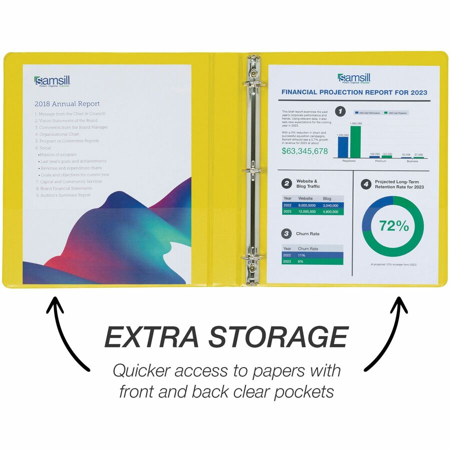 Samsill Durable Three-Ring View Binder - 1" Binder Capacity - 225 Sheet Capacity - 3 x D-Ring Fastener(s) - 2 Internal Pocket(s) - Polypropylene, Chipboard - Yellow - Recycled - Durable, PVC-free, Ink-transfer Resistant, Clear Overlay, Sturdy - 1 Each