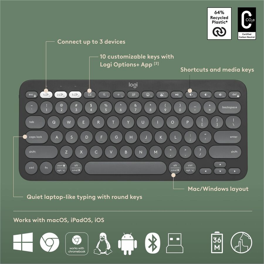 Logitech Pebble 2 Combo Keyboard & Mouse - USB Type A Wireless Bluetooth Keyboard - Tonal Graphite - USB Type A Wireless Bluetooth Mouse - Optical - 4000 dpi - 3 Button - Scroll Wheel - Tonal Graphite - AA, AAA - Compatible with Chromebook for PC, Mac