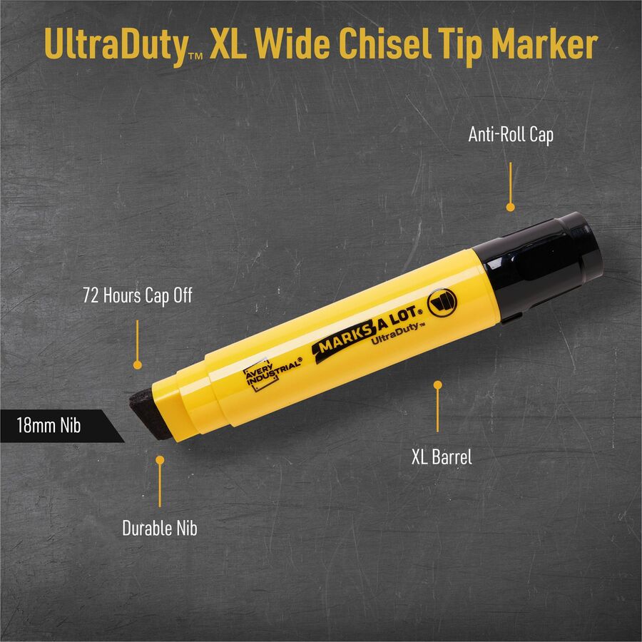Avery® UltraDuty Markers, XL Wide Tip, 12 Black Markers (29866) - Narrow, Bold Marker Point - 18 mm Marker Point Size - Chisel Marker Point Style - Black - Polyester Tip - 1