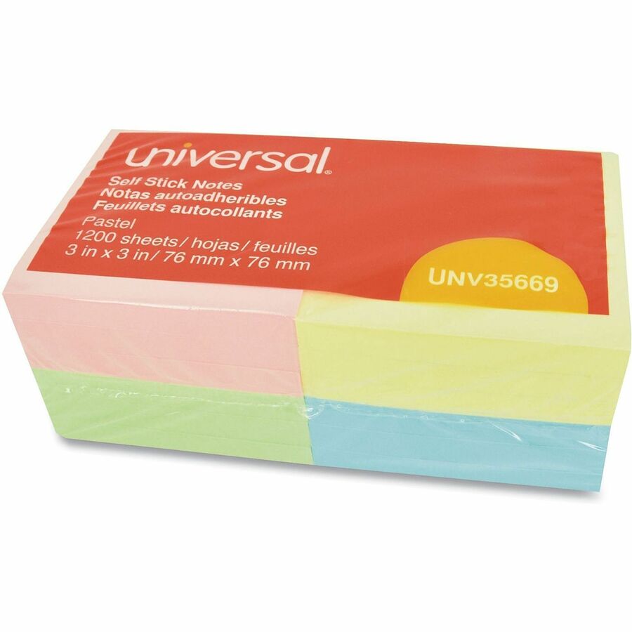 Universal Standard Self-Stick Pads - 1200 x Assorted Pastel - Square - 100 Sheets per Pad - Unruled - Assorted Pastel - Self-stick, Residue-free, Repositionable - 12 / Pack