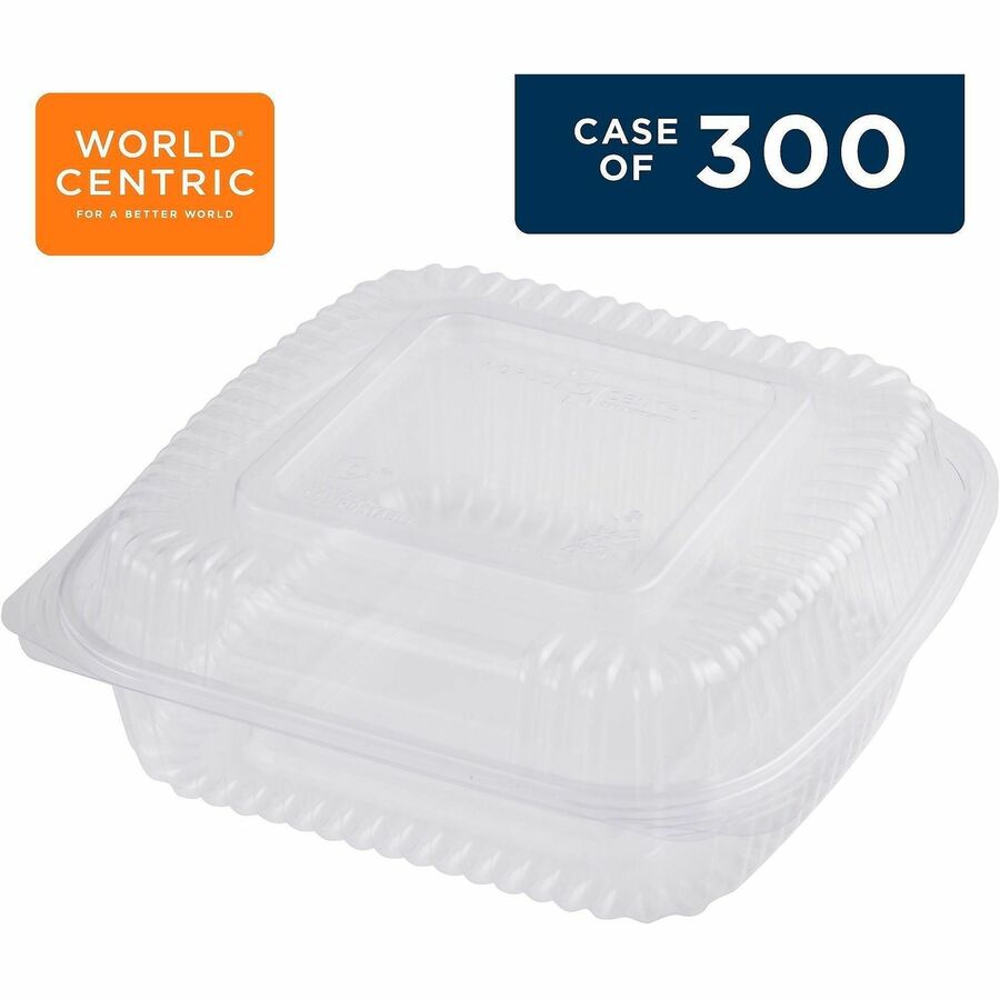 World Centric Compostable Clear Hinged Container - Food, Food Storage - Clear - Paper, Polylactic Acid (PLA) Body - 300 / Carton