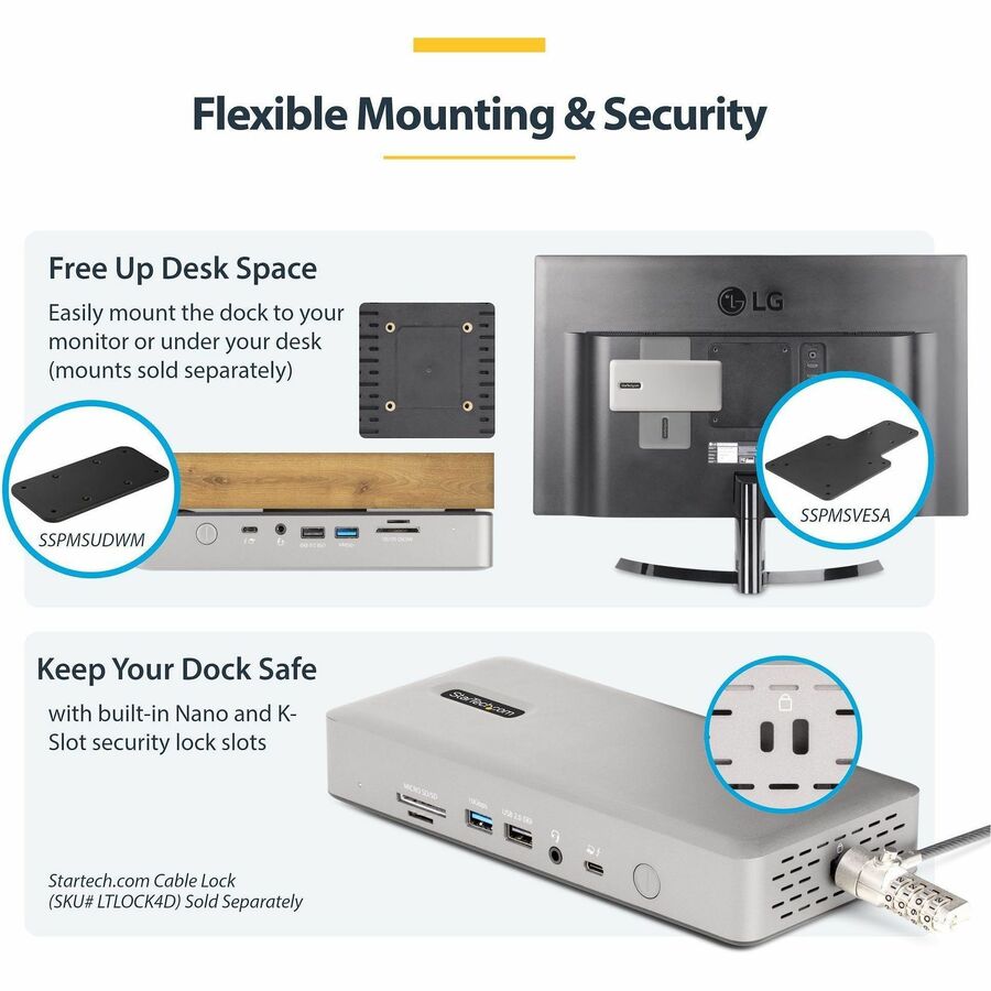 StarTech Universal USB4 & Thunderbolt 4 Docking Station, Quad Display on Windows, Dual Display on MacBook, HDMI DP Dock, 100W Charging