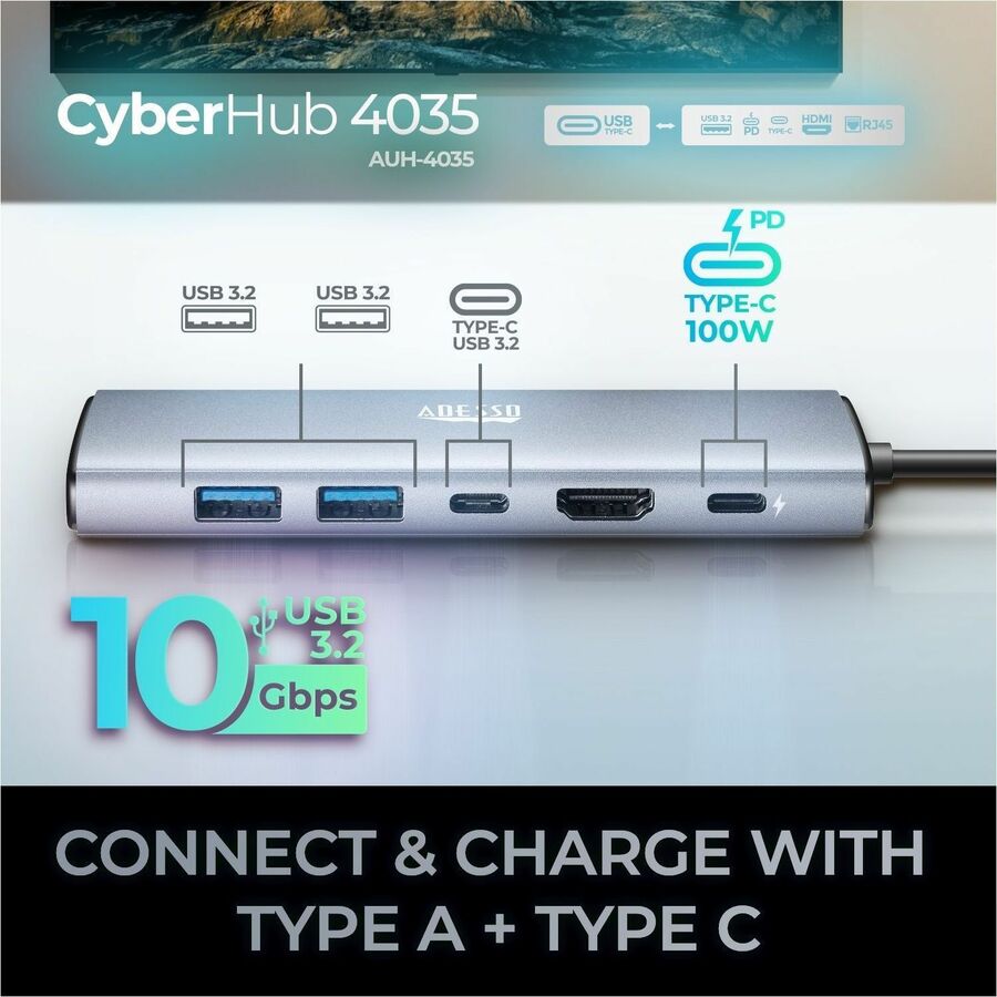 Station d'accueil AUH-4035 USB Type C - Capacit&eacute; de chargement - Lecteur de carte m&eacute;moire - SD, TransFlash Adesso