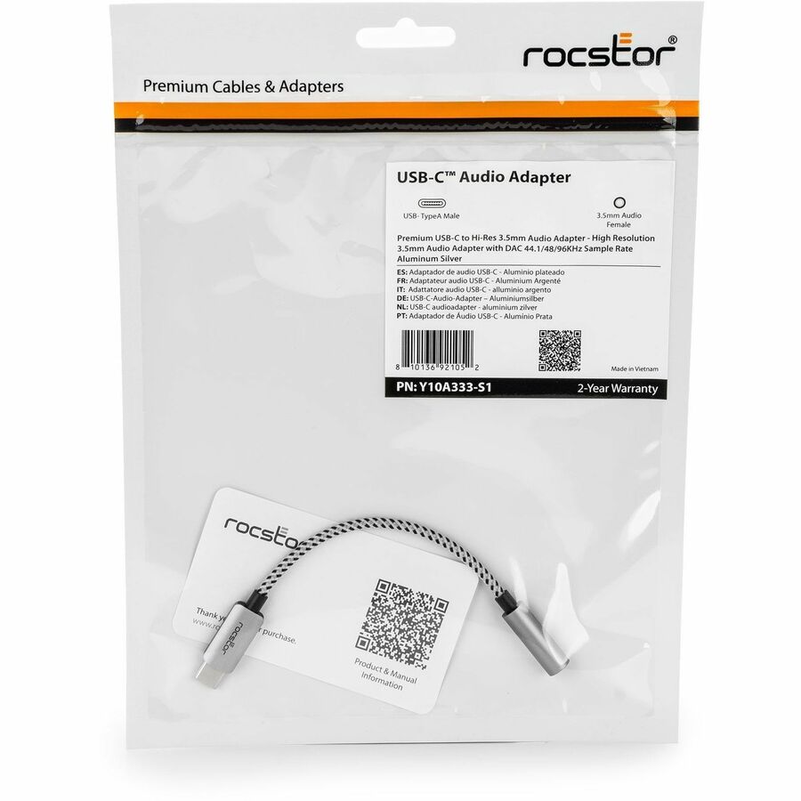 Rocstor Premium USB-C to Hi-Res 3.5mm Audio Adapter DAC 44.1/48/96KHz Sample Rate