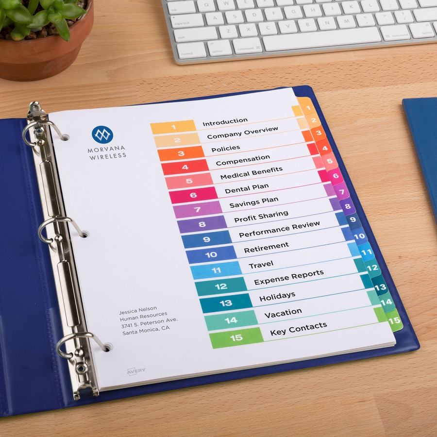 Avery® Ready Index Custom TOC Binder Dividers - 15 x Divider(s) - 1-15, Table of Contents - 15 Tab(s)/Set - 8.50" Divider Width x 11" Divider Length - 3 Hole Punched - White Paper Divider - Multicolor Paper Tab(s) - Index Dividers - AVE11143