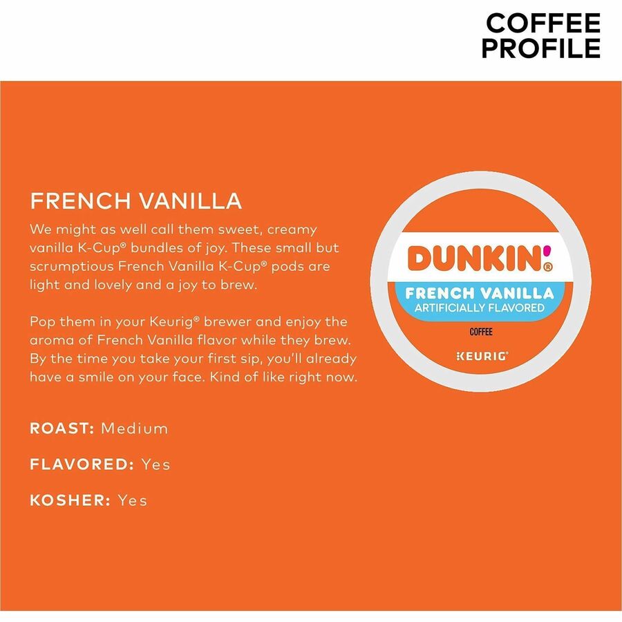 Dunkin'® K-Cup, Pod French Vanilla Coffee - Compatible with Keurig Brewer - Medium - 22 K-Cup - K-Cup, Pod - French Vanilla, Original Blend - Kosher - 4 / Carton