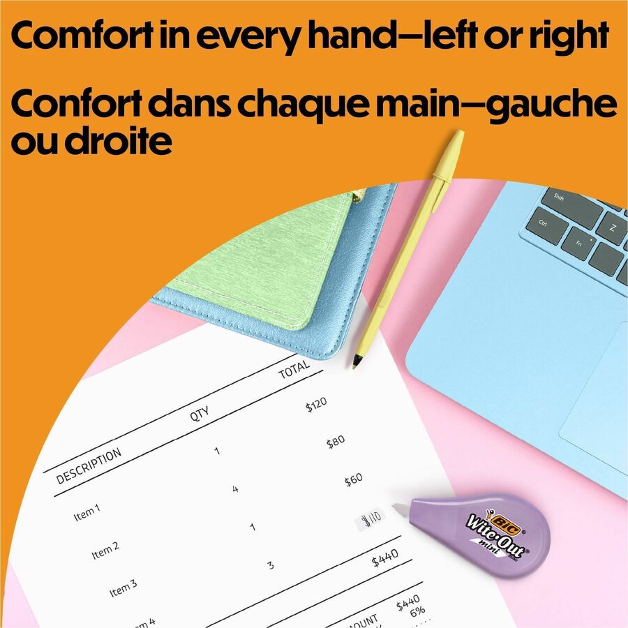 BIC Wite-Out Brand Mini Correction Tape, 6 Metres, 3-Count Pack of White Correction Tape, Pastel Body, Fast, Clean and Easy to Use Tear-Resistant Tape