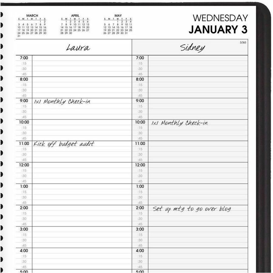At-A-Glance 2-Person Appointment Book - Julian Dates - Daily - 1 Year - January 2024 - December 2024 - 7:00 AM to 8:00 PM - Quarter-hourly - 1 Day Single Page Layout - 8" x 10 7/8" Sheet Size - Wire Bound - Simulated Leather - Black CoverPerforated Corner