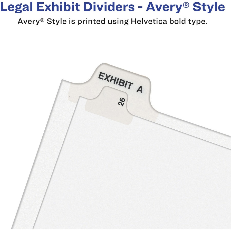 Avery® Individual Legal Exhibit Dividers - Avery Style - 25 x Divider(s) - Printed Tab(s) - Character - A - 1 Tab(s)/Set - 8.5" Divider Width x 11" Divider Length - Letter - White Paper Divider - White Tab(s) - Recycled - Reinforced Tab, Rip Proof, Un