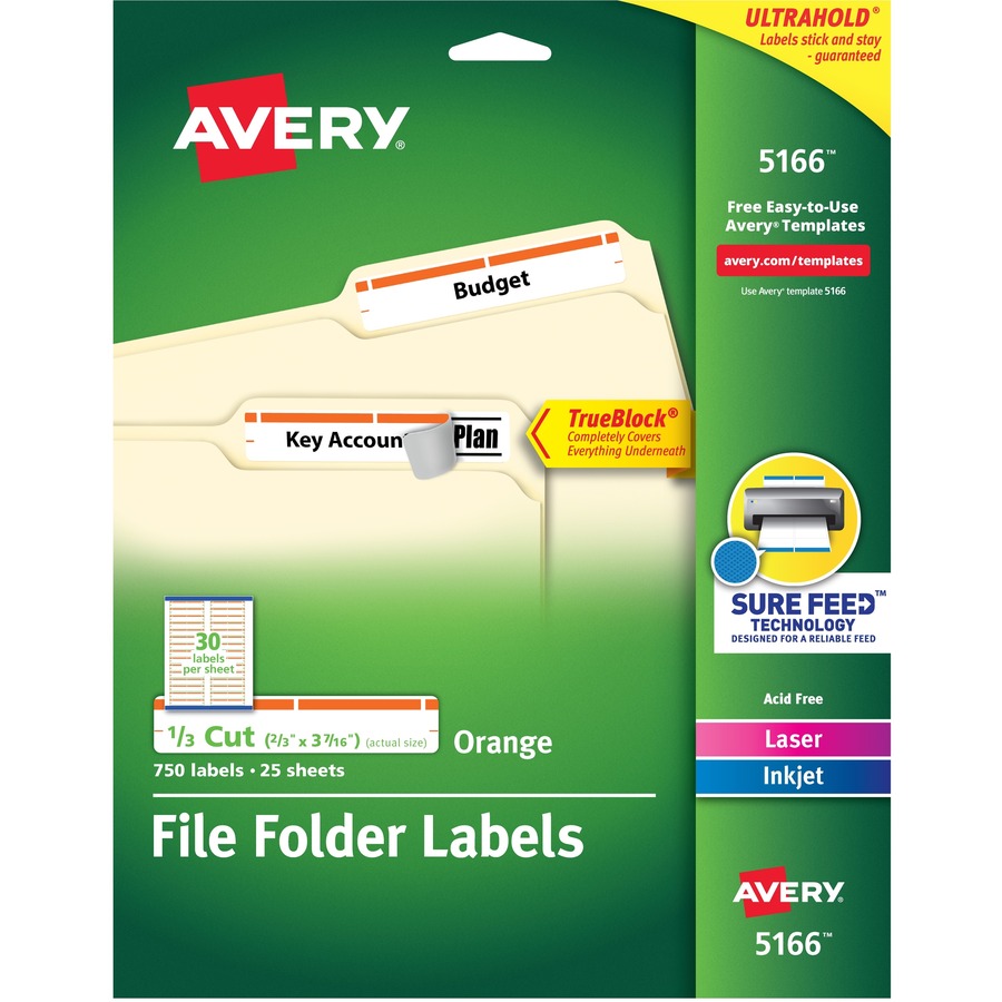 Avery® TrueBlock File Folder Labels - Permanent Adhesive - Rectangle - Laser, Inkjet - Orange - Paper - 30 / Sheet - 25 Total Sheets - 750 Total Label(s) - 750 / Pack