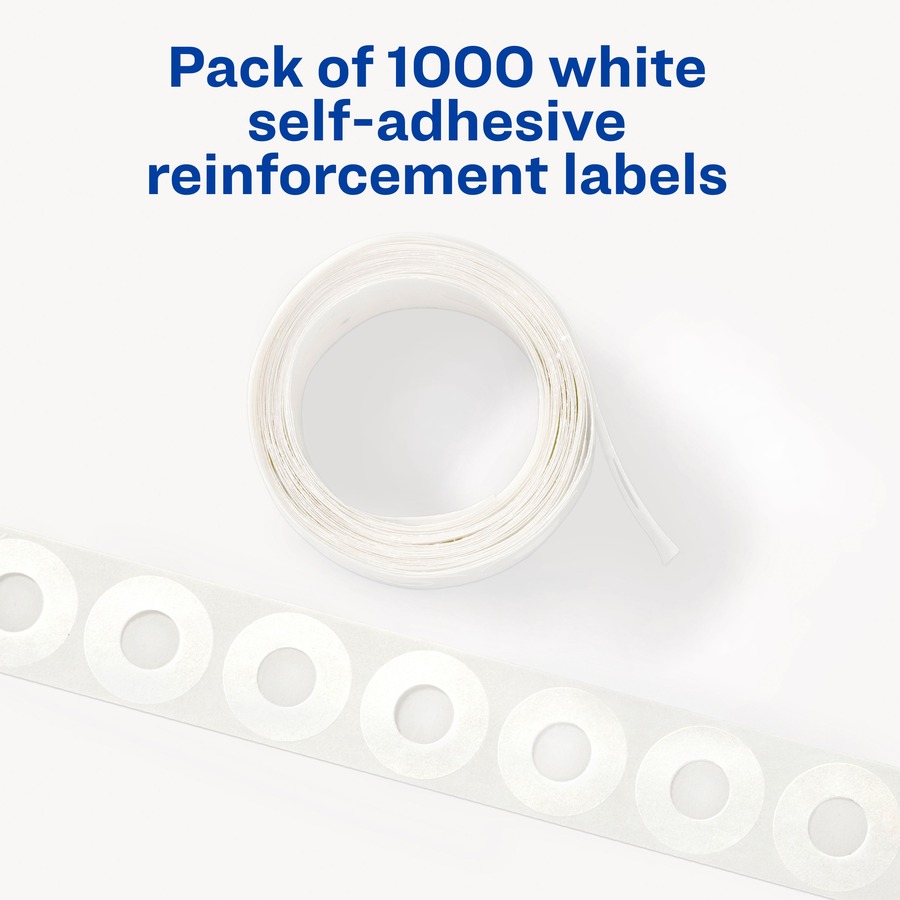 Avery® White Self-Adhesive Reinforcement Labels - 0.3" Diameter - 3 x Holes - Round - White - Polyvinyl - 1000 / Pack
