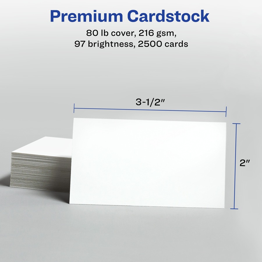 Avery® Perforated Business Cards for Laser Printers, 2" x 3½" - 97 Brightness - 2" x 3 1/2" - 80 lb Basis Weight - 216 g/m² Grammage - 2500 / Box - Perforated, Heavyweight, Jam-free, Smooth Edge, Uncoated, Perforated, Recyclable - White
