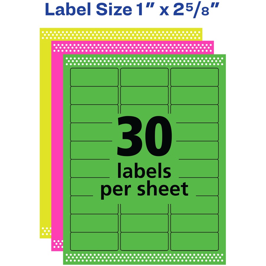 Avery 5979 Neon Rectangular Laser/InkJet Printable Labels, 1" x 2 5/8