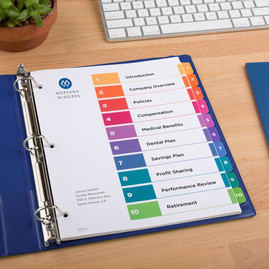 Avery® Ready Index® Table of Content Dividersfor Laser and Inkjet Printers - 60 x Divider(s) - 1-10 - 10 Tab(s)/Set - 8.5" Divider Width x 11" Divider Length - 3 Hole Punched - White Paper Divider - Multicolor Paper Tab(s) - Recycled - 6 / Pack