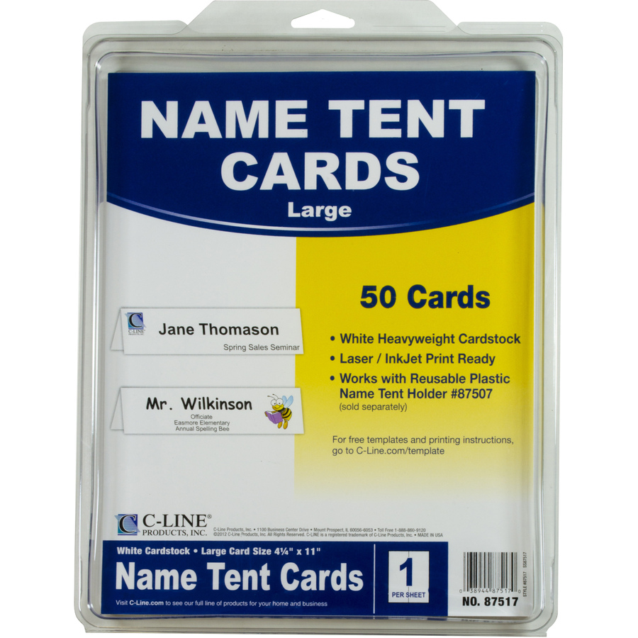 C-Line Scored Name Tent Cardstock for Laser/Inkjet Printers - Large Size, White, 8-1/2 x 11, 50/BX, 87517