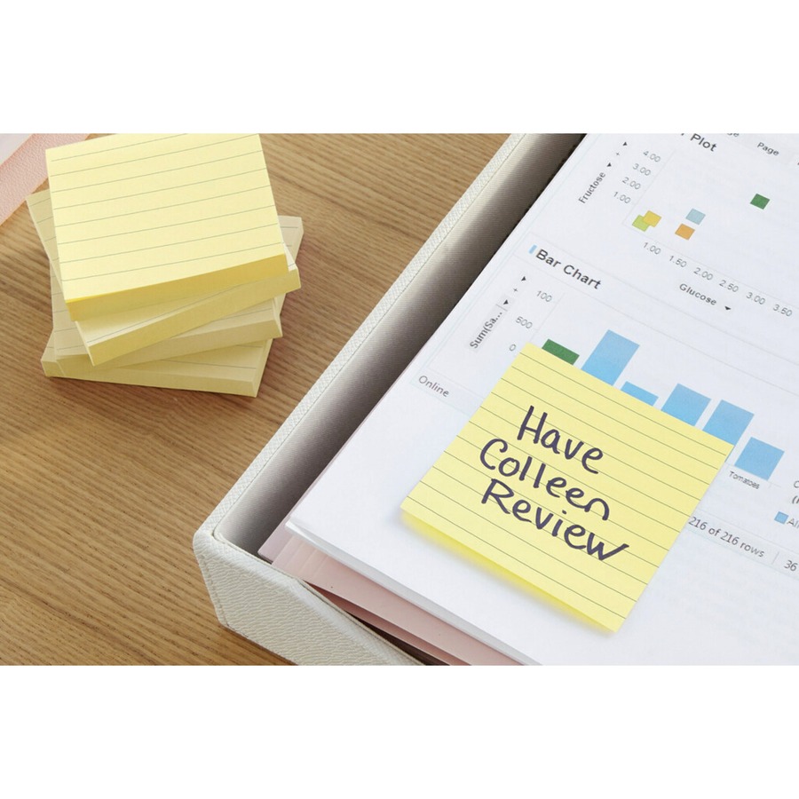 Post-it® Original Lined Notes, Canary Yellow, 3" x 5" , 100 Sheets/Pad, 12 Pads/PK - 1200 x Canary Yellow - 3" Flag/Note Width x 5" Flag/Note Length - Rectangle - 100 Sheets per Pad - Ruled - Canary Yellow - Paper - Self-adhesive, Repositionable, Recy