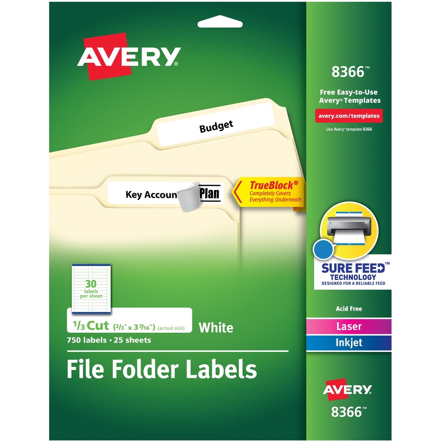 Avery® File Folder Labels - Permanent Adhesive - Rectangle - Laser, Inkjet - White - Paper - 30 / Sheet - 25 Total Sheets - 750 Total Label(s) - 750 / Pack